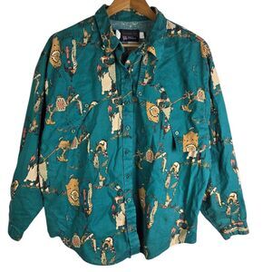 Vtg Panhandle Slim Men's Native American Indian Western Teal Button Up Shirt Lg
